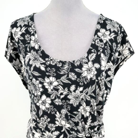 Lands End Dress Plus Sz 2X Black Ivory Floral Stretch Knit Midi Fit n Flare 20W - Picture 8 of 16